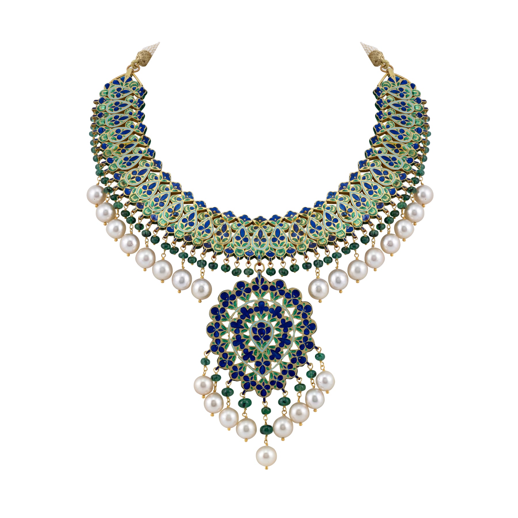Polki and Pearl Choker Necklace with Emerald Accents